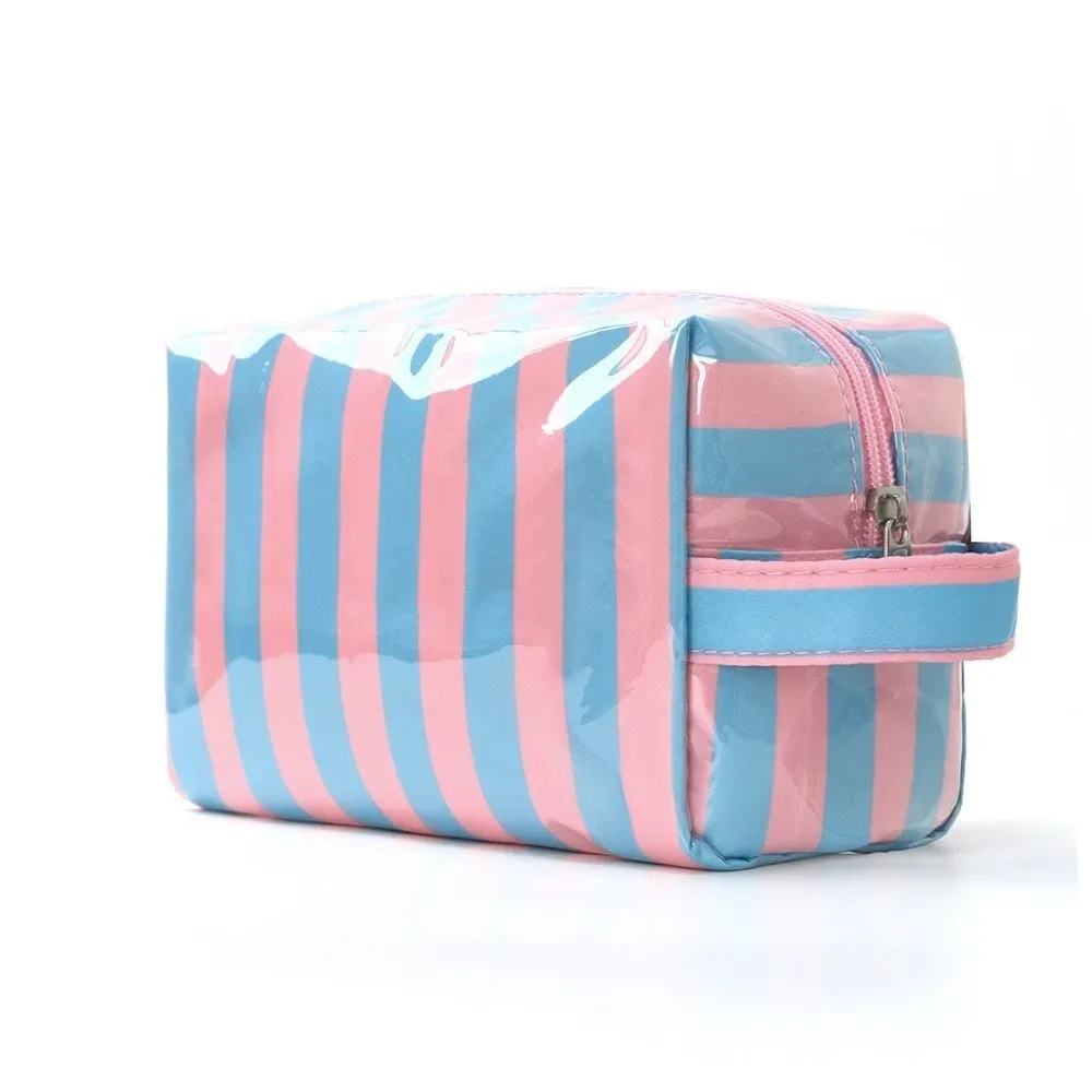 trousse de toilette imperméable rayée grande capacité rose en pvc – organisateur de maquillage portable simple pour voyage – sac de rangement cosmétique pour femme