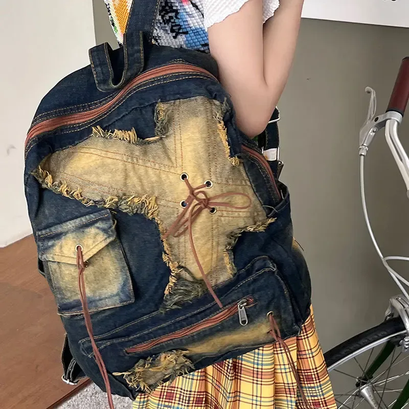 sac à dos en jean délavé grande capacité pour femme, style y2k, tendance, sac de voyage, sac à dos décontracté pour filles, sac de navetteur