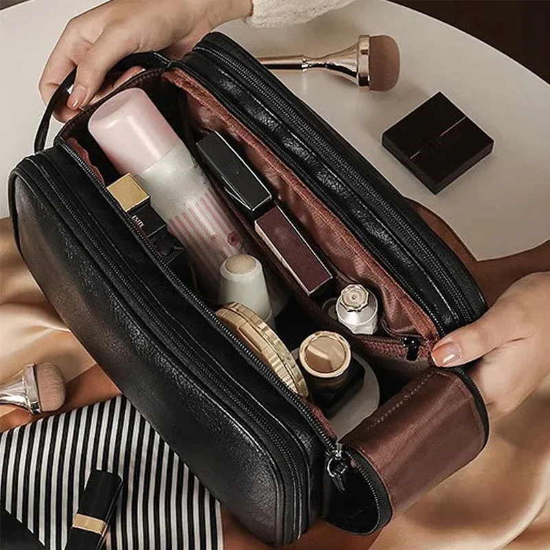 trousse de maquillage en cuir pu, grande capacité, sac de rangement de cosmétiques de voyage, sac à main portable pour femmes, trousse de toilette multifonction étanche