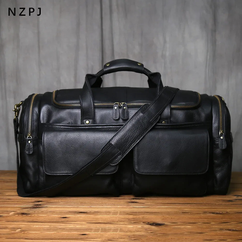 Sac à main rétro en cuir pour hommes, sac de voyage, couche supérieure en peau de vache, grande capacité, sacoche asymétrique épaule, sacoche décontractée pour ordinateur portable, NZPJ