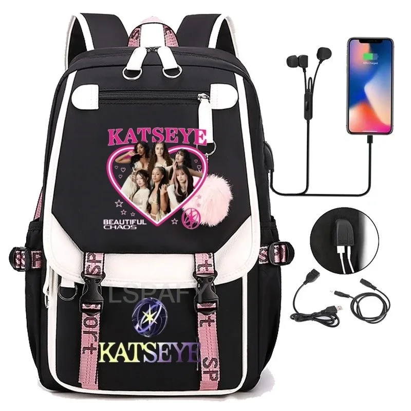 sacs à dos kawaii hot katseye à imprimé amusant, doux et mignons, grande capacité, pour étudiants, sacs d'école, sacs pour ordinateur portable, patchwork, simples, mochilas