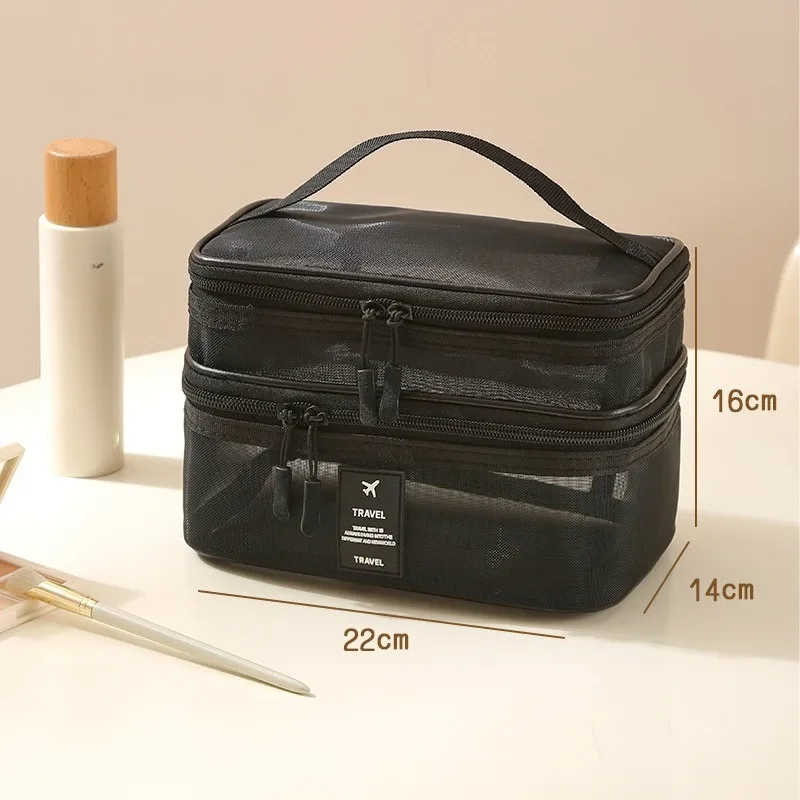 nouvelle trousse de toilette en maille, trousse de maquillage de voyage grande capacité à 3 couches, sac de rangement portable pour voyages d'affaires zy524