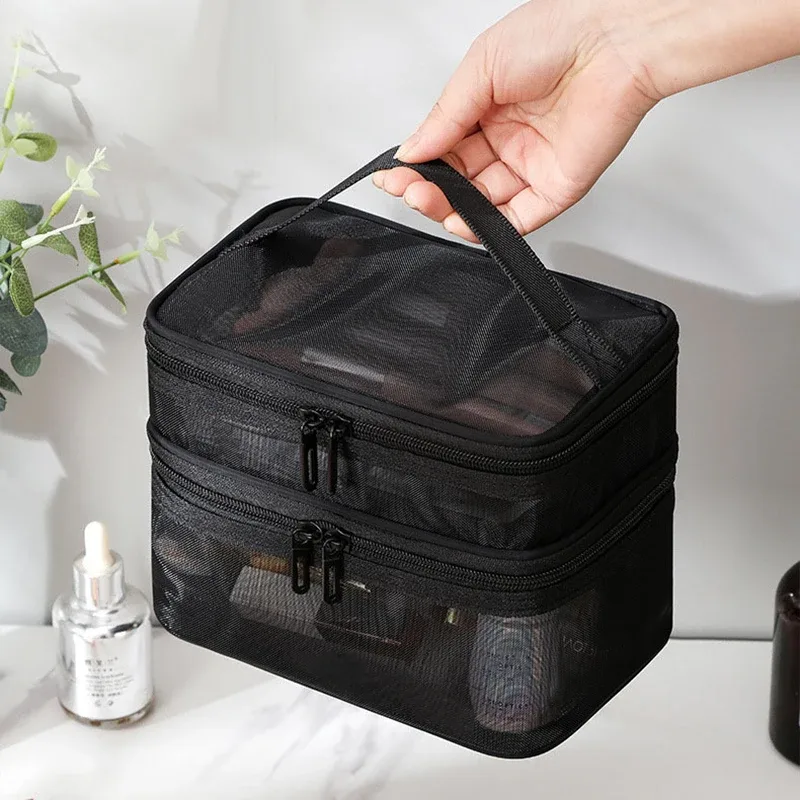 sac à maquillage en maille double couche, sac de rangement multifonctionnel en maille, sac de rangement de voyage pour maquillage