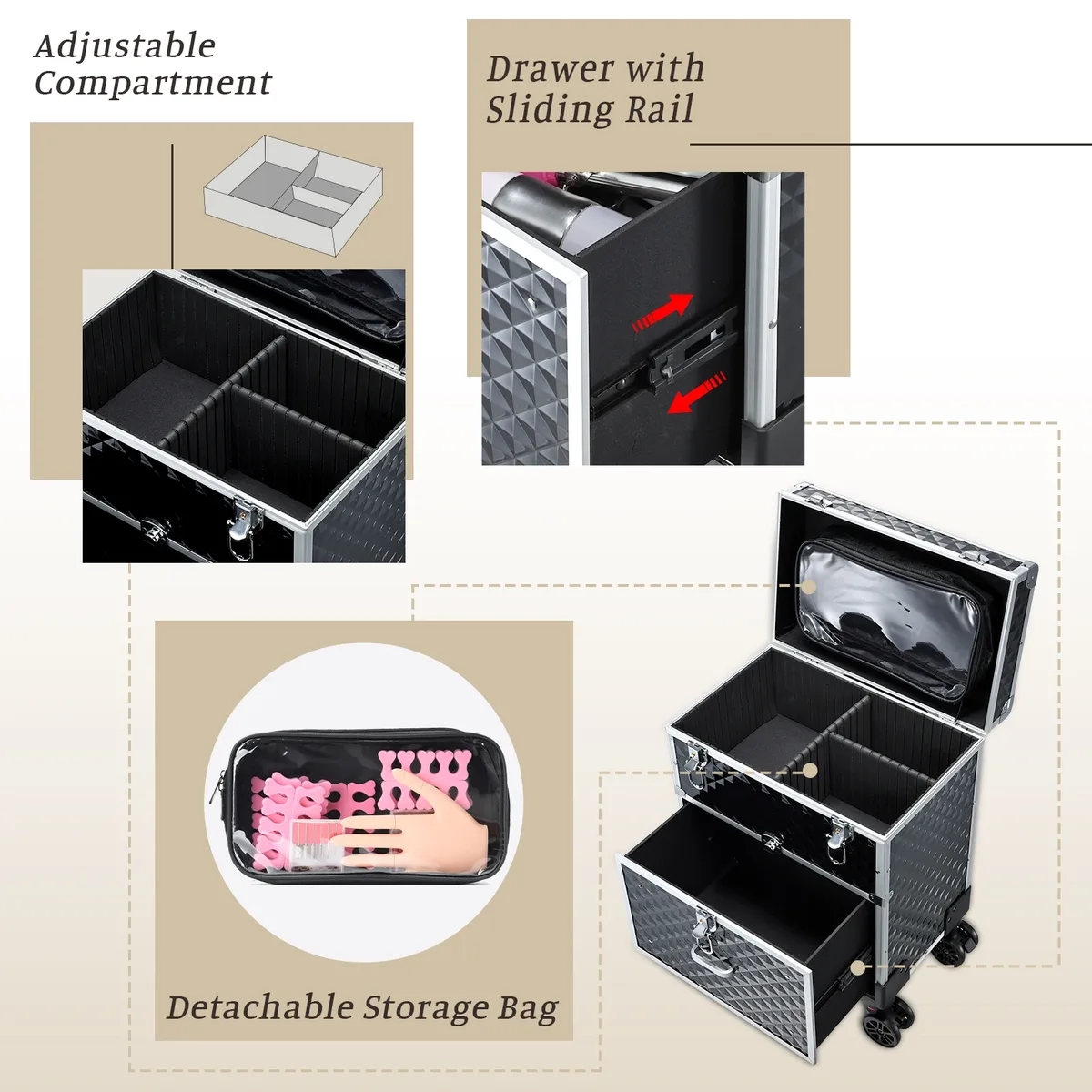 mallette de maquillage professionnelle à roulettes, chariot avec tiroir, mallette de rangement pour cosmétiques, grande mallette de cosmétologie, sac détachable