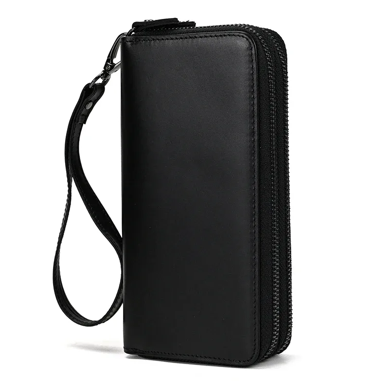 luufan-long sac à main en cuir de cheval vintage pour hommes et femmes, portefeuilles à double fermeture éclair pour carte de crédit, pochette pour homme