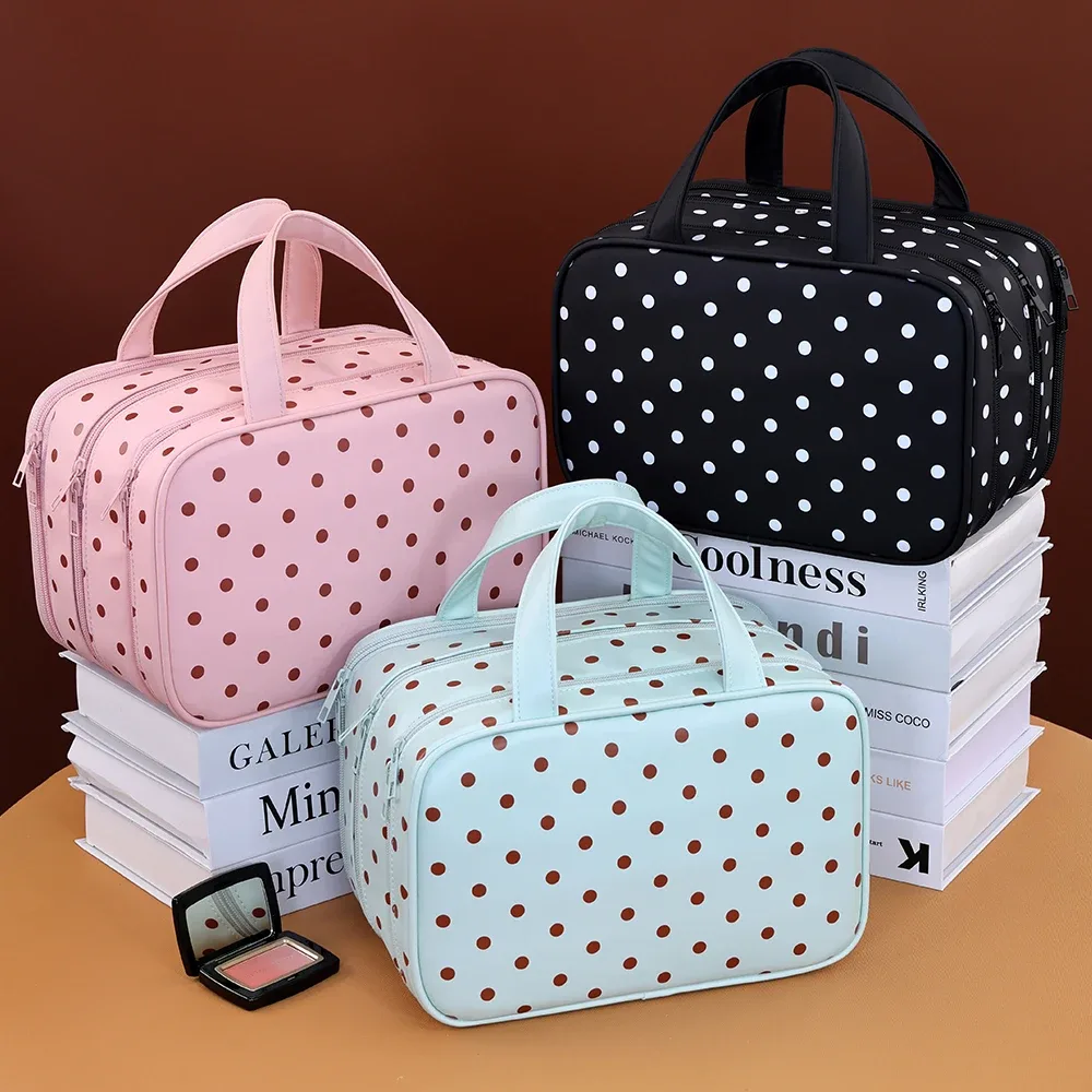 sac de maquillage portable à pois, sac à cosmétiques multifonctionnel à trois couches en cuir pu, sac de rangement de voyage étanche de grande capacité