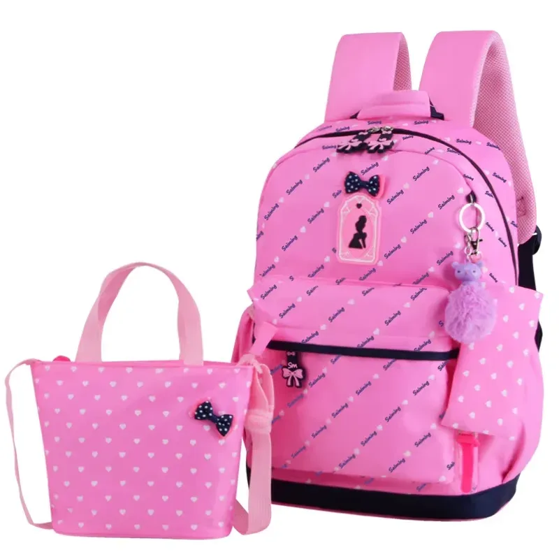 sac dos polyester point rose cœurs rouges bleus nœuds noirs pochette crayon sacs école filles voyage