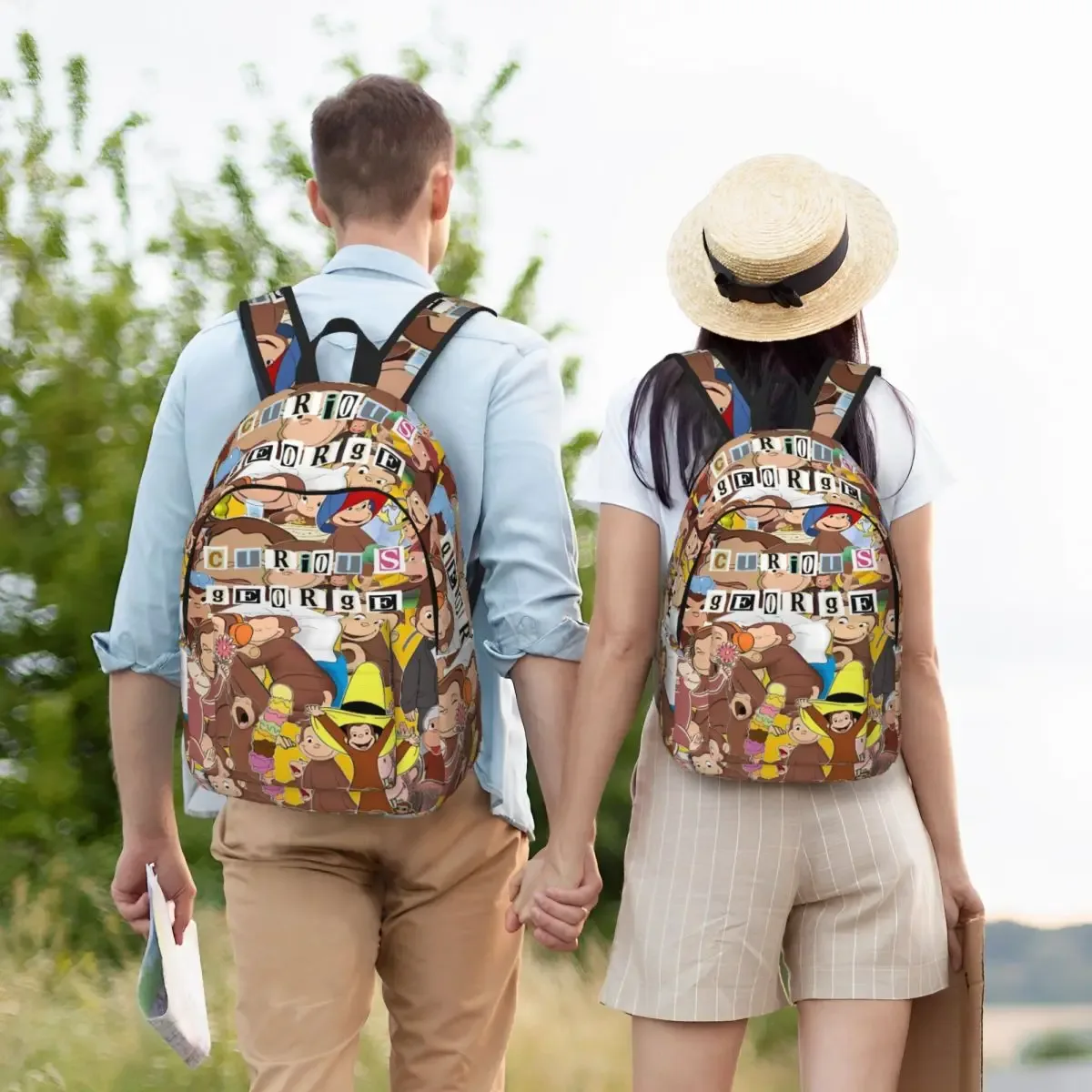 sac dos toile imprimé curious george kaki gris vert doré marron bleu beige noir voyage lycée randonnée
