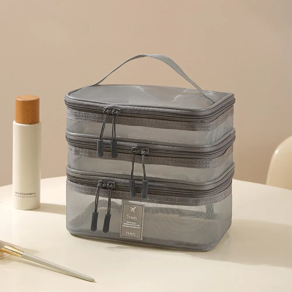 sacs cosmétiques en maille à fermeture éclair, transparents, grande capacité, sac de rangement double couche, organisateur multifonctionnel pour articles de toilette portables