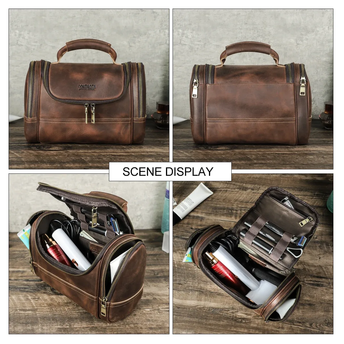 trousse toilette cuir vache marron vieille crazy horse multi compartiments zip bandes contrastantes travail affaires voyage