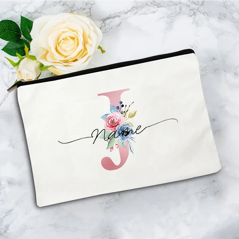 trousse de maquillage personnalisée rose à motifs floraux avec initiale, pochette cosmétique en toile personnalisée, organisateur de voyage pour articles de toilette pour femmes