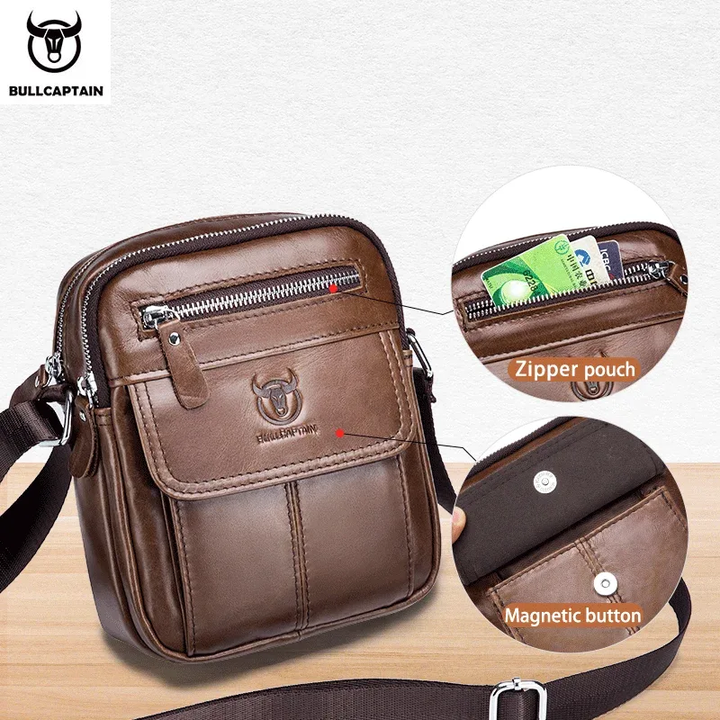 sac à bandoulière décontracté pour homme bullcaptain, sac messager d'affaires, sac en cuir de vache de haute qualité pour homme, mini poche de grande capacité