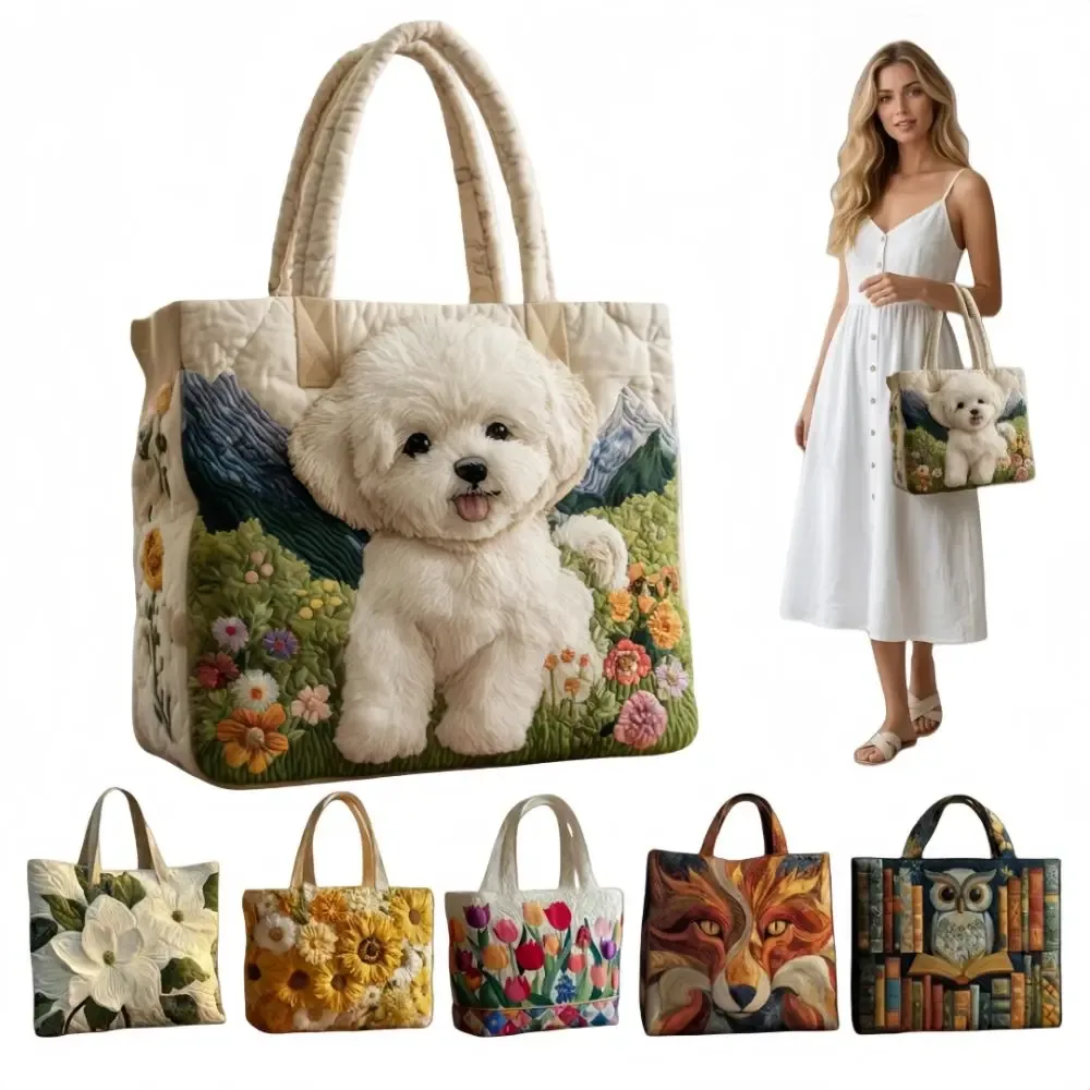 sac fourre-tout matelassé vintage pour femmes, motifs réalistes 2d, sac de voyage léger, sac de shopping en coton de grande capacité pour femme et fille