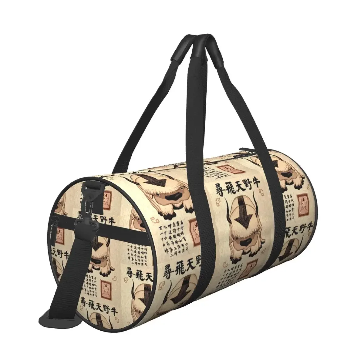sac voyage polyester motif bœufs stylisés poignée amovible bande épaule usage week end sport cylindrique durabilité