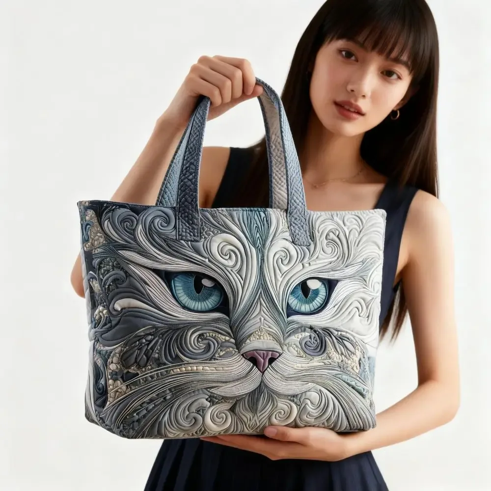 sac fourre-tout matelassé à motifs de chats pour femmes, sac à bandoulière en toile légère vintage, sac de voyage en coton de grande capacité pour femme et fille