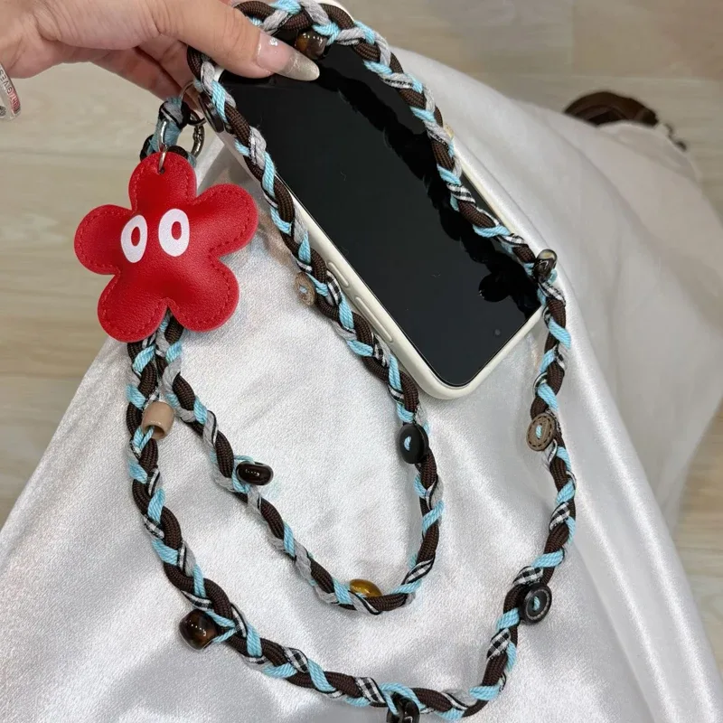 chaîne téléphone plastique fleur rouge fleurs perles dorées tressée bleu marron style ethnique pendentif bandoulière kawaii