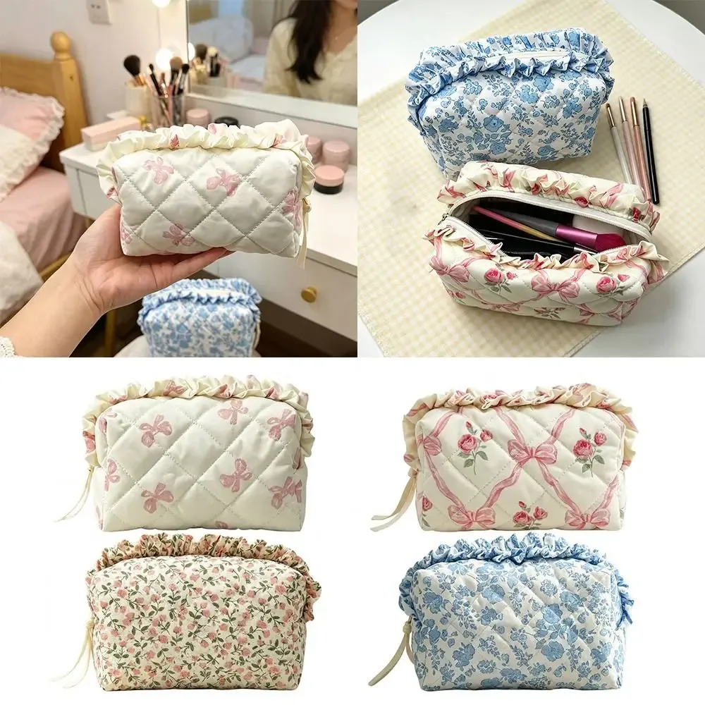 1 pièce trousse de maquillage matelassée mignonne à motif floral et nœud, grande capacité, pour femmes et filles