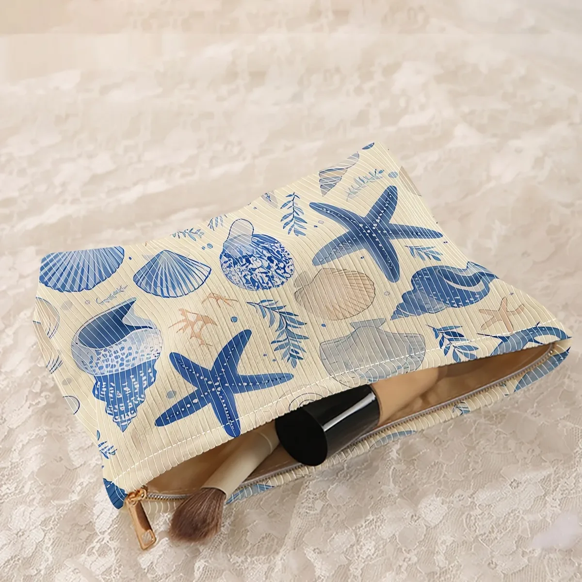 trousse de maquillage imprimée motif coquillages et étoiles de mer - pochette de rangement légère à fermeture éclair, unisexe, adaptée aux articles de toilette et aux accessoires