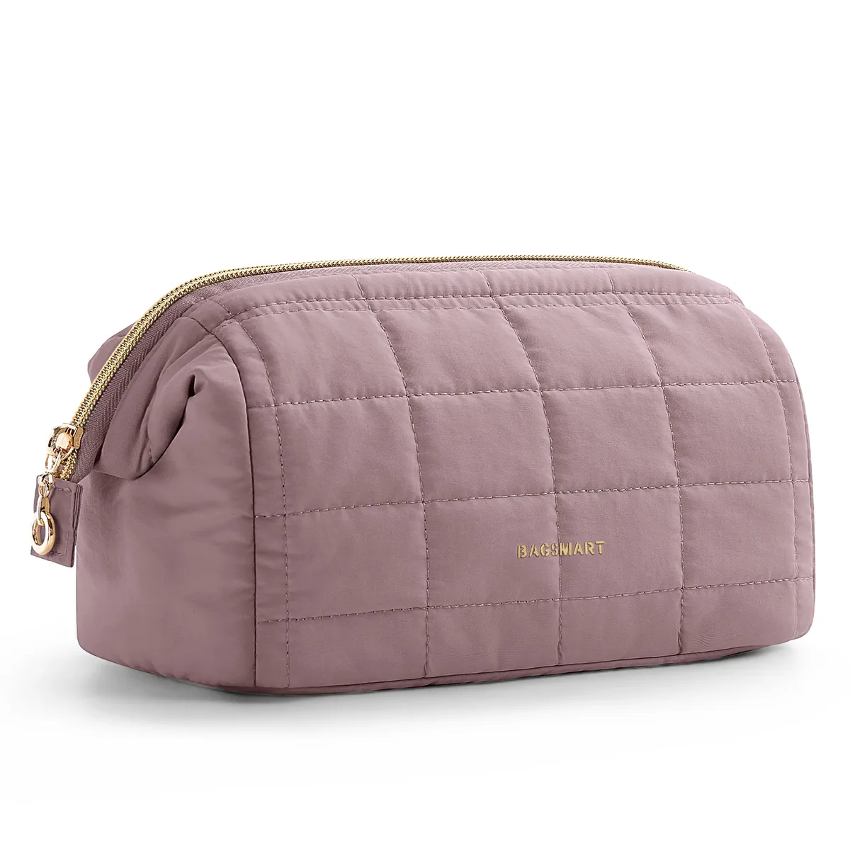 trousse toilette cosmétique taslan rose motif coutures quadrillées rectangulaire glissière dorée voyage femmes maquillage