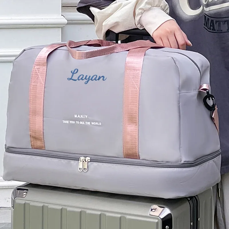 sac voyage polyester gris rose motif brodé poignée bandoulière amovible décontracté grande capacité taille multiple usage voyage