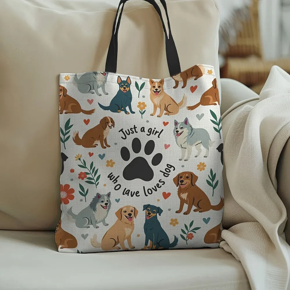 1 sac fourre-tout élégant pour maman de chien - "just a girl who loves dogs" imprimé avec des illustrations de chiens mignons