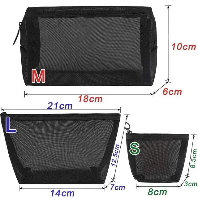 sacs à cosmétiques transparents en maille, trousse de maquillage noire, trousse de rangement portable, trousse de voyage en plein air, rouge à lèvres, poudres, cadeaux, taille s, m, l, 3 pièces