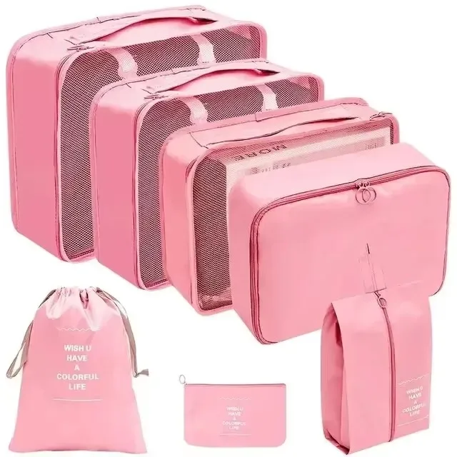 organisateur voyage polyester décontracté multicolore grand sac petits sacs pochette compression chaussures tris rectangulaire poignée fermeture glissière motif maille tissu résistant