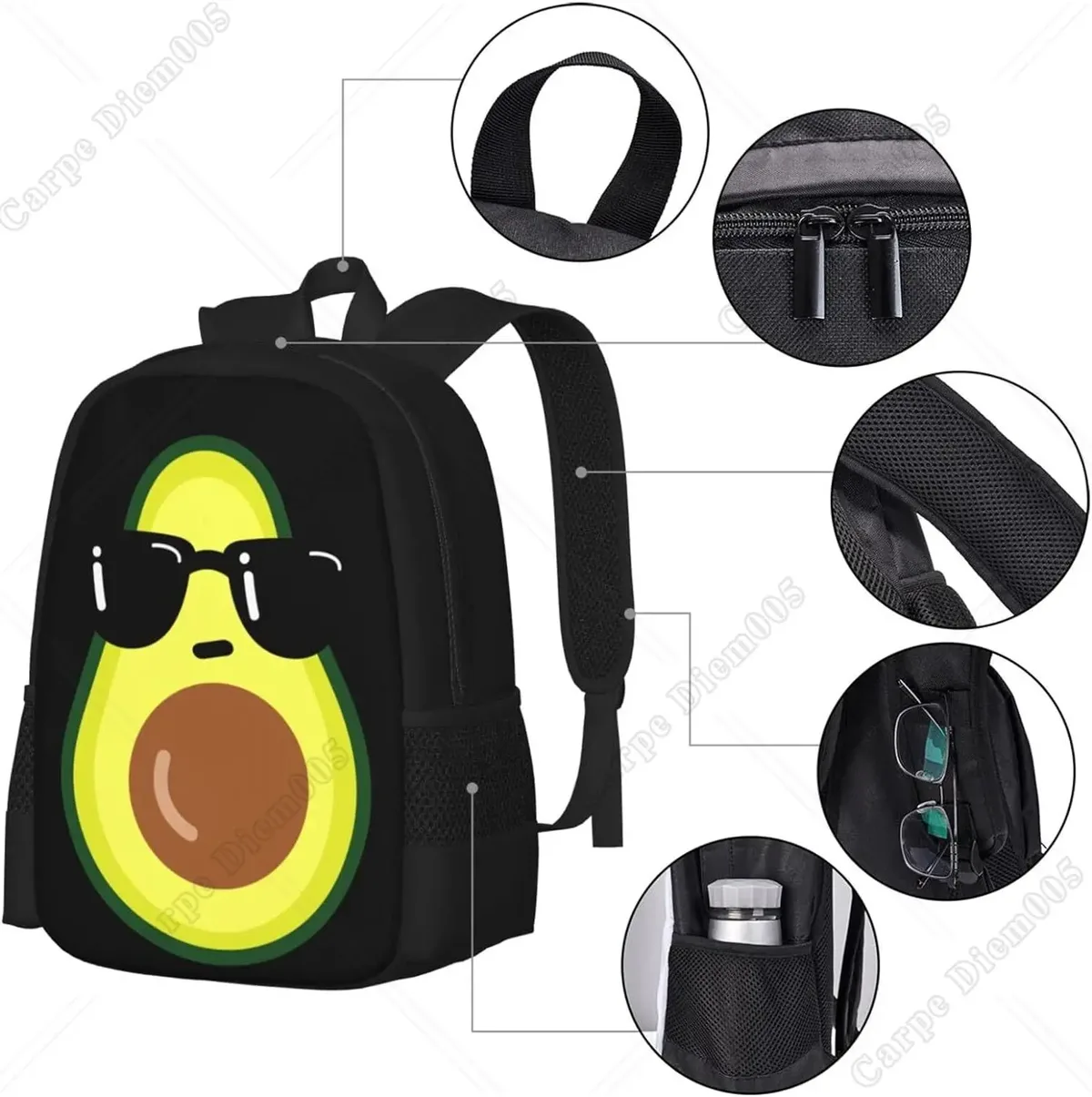 sac à dos de dessin animé drôle avec lunettes de soleil noires, sacs d'école, sac de voyage, ordinateur portable, cartable léger, cool, avocat