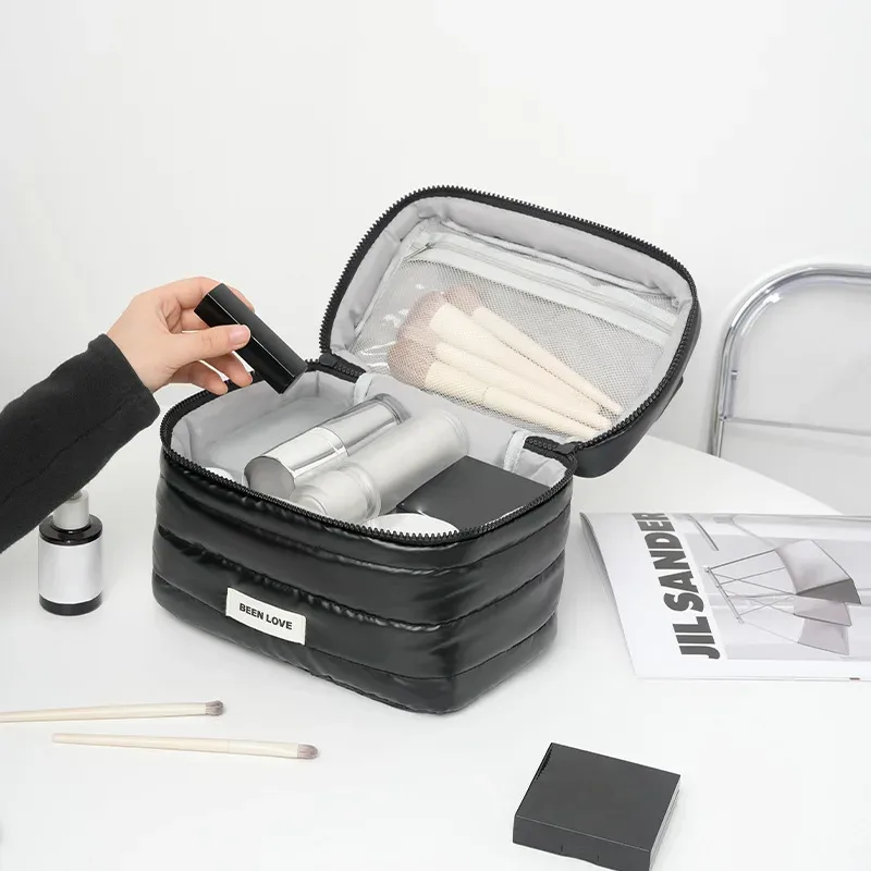 trousse toilette coton composite fermeture éclair violet argent noir voyage multi compartiments cosmétiques maquillage