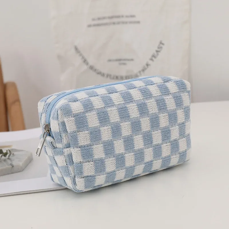 Pochette Cosmétiques Polyester Carreaux Bleu Blanc Grande Ouverture Voyage Organisation Fournitures Scolaires Maquillage Femmes
