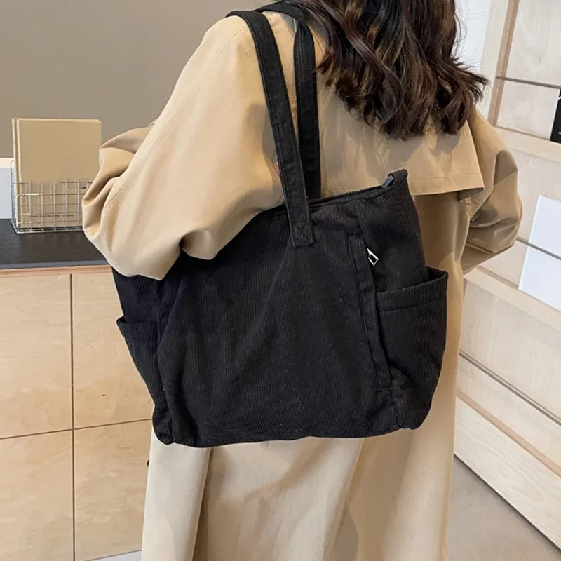sac à main en velours côtelé pour femmes, fourre-tout décontracté, multi-poches, sangle réglable, sac à bandoulière, fermeture éclair initiée, automne, hiver