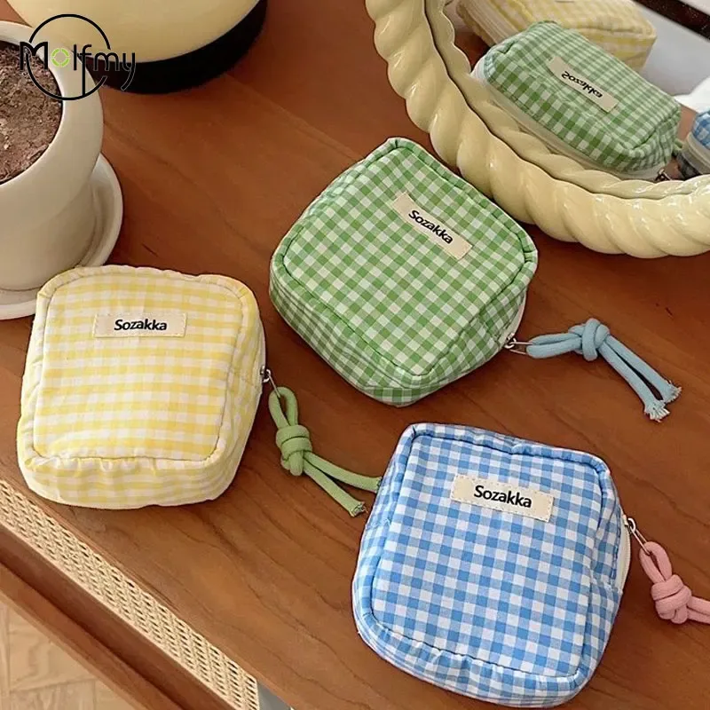 mini sac à cosmétiques à carreaux pour maquillage, couleur bonbon, sacs de rangement pour serviettes hygiéniques, portefeuille en tissu de coton, pochette, nouveau 2025