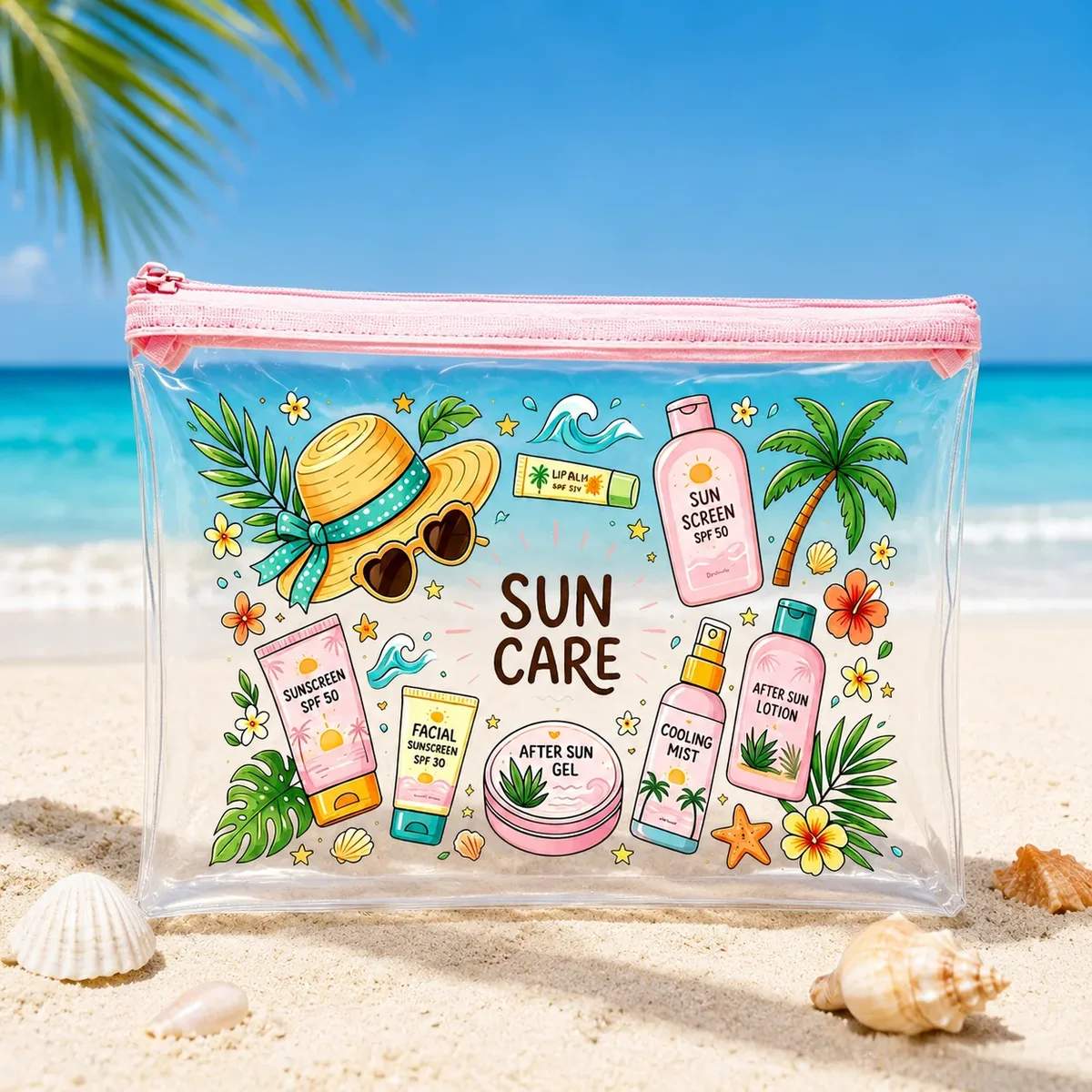 sac de maquillage transparent en pvc pour l'été, organiseur imperméable rose à fermeture éclair pour femmes, plage, piscine, voyage et articles de toilette solaires