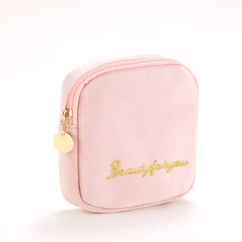 trousse de maquillage en velours avec fermeture éclair pour femme, trousses de toilette, broderie de lettres, poudres cosmétiques, monochromatique, femme