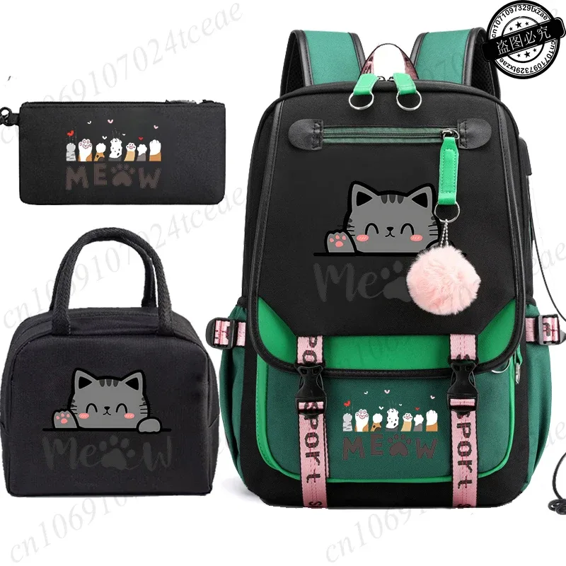 sac à dos scolaire pour adolescents, sac à dos quotidien pour étudiants, sac à dos pour filles, sac à dos scolaire à motif de chat noir, avec sac à lunch et trousse à crayons, 3 pièces/ensemble