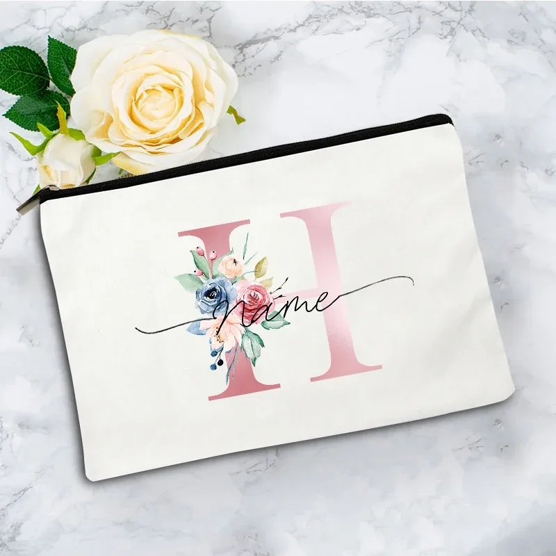 trousse de maquillage personnalisée rose à motifs floraux avec initiale, pochette cosmétique en toile personnalisée, organisateur de voyage pour articles de toilette pour femmes