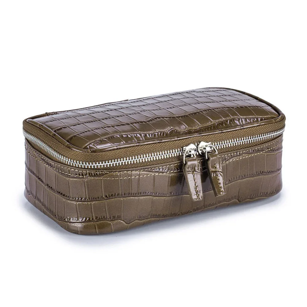 sac cosmétique en cuir véritable à motif crocodile violet pour femmes, sac de toilette de voyage portable, sac de rangement en cuir de vachette de haute qualité