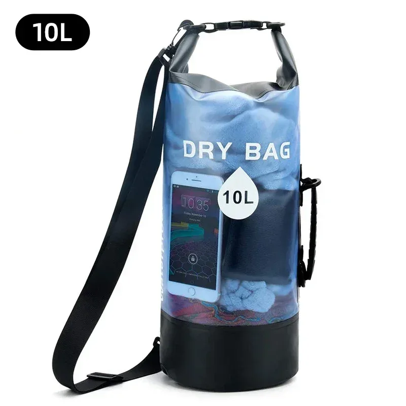 organisateur voyage sac étanche pvc transparent motif bleu poignée noire sangle ajustable trekking kayak rafting canotage