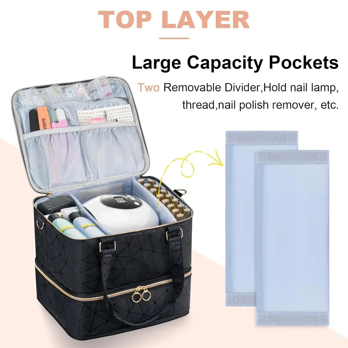 Sac de rangement portable haut de gamme pour vernis à ongles, amovible, grande capacité, trois couches, peut contenir 84 flacons, avec compartiment pour lampe à ongles