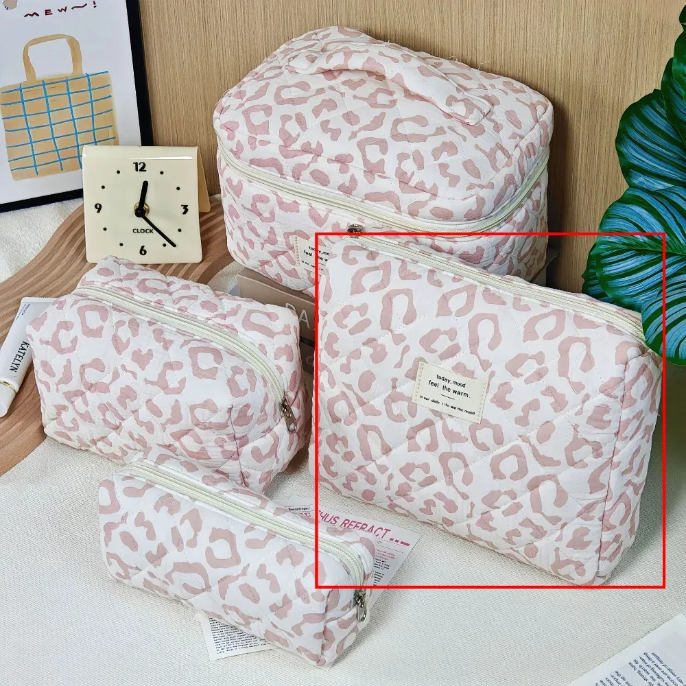 trousse de maquillage matelassée en coton grande capacité avec fermeture éclair, organisateur cosmétique imprimé léopard, sac de toilette portable