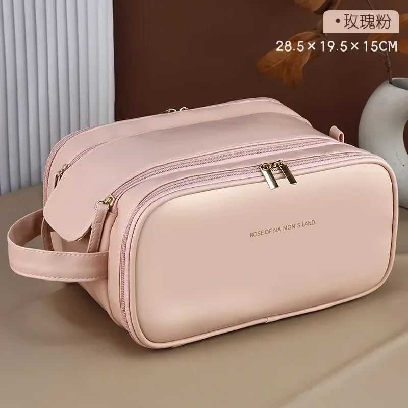 trousse de maquillage multifonctionnelle pour femme, cuir pu, grande capacité, portable, double fermeture éclair, voyage, brosse à maquillage, rangement d'articles de toilette