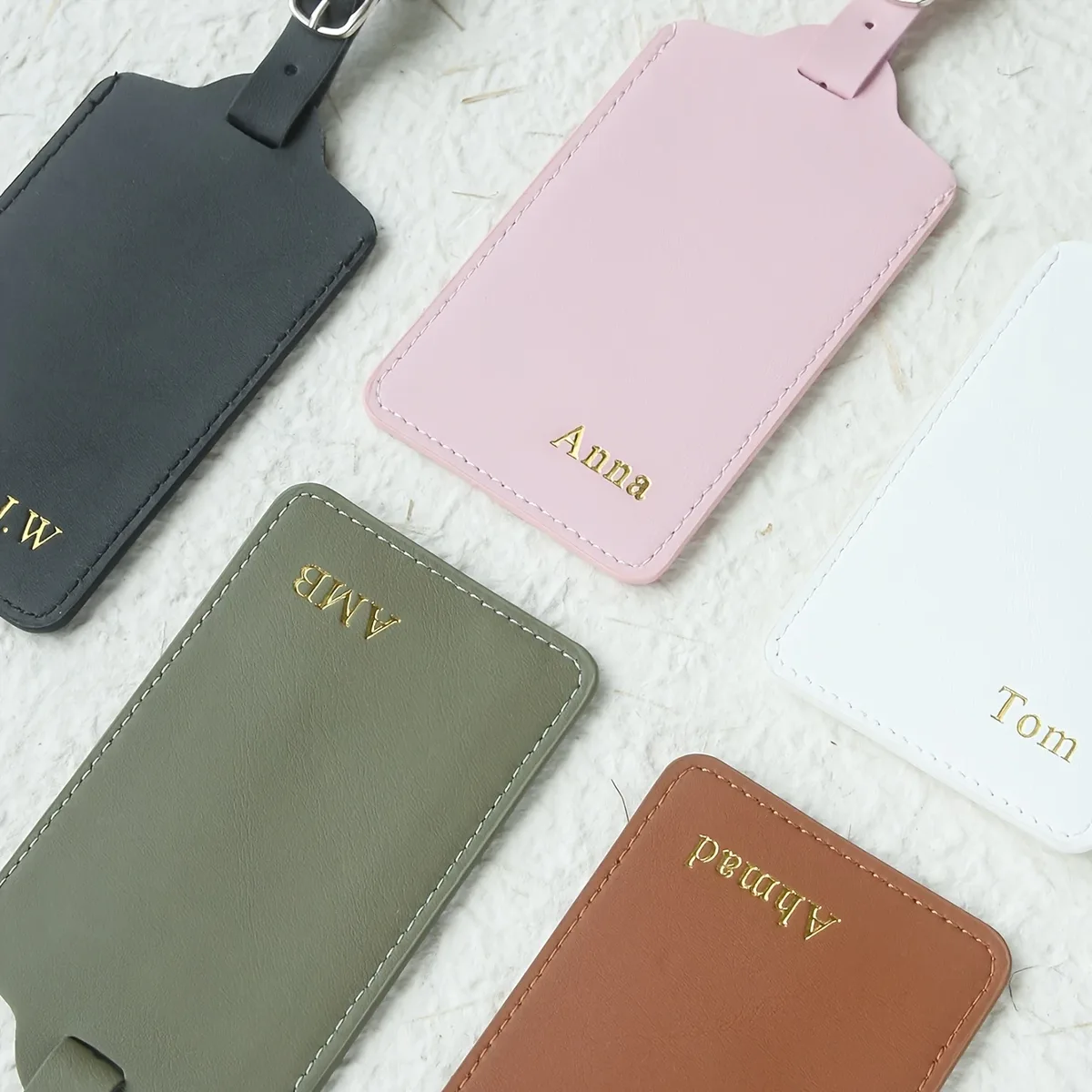 étiquette de bagage personnalisée avec monogramme estampé à chaud, minimaliste, légère, rose, verte, marron, accessoire de valise