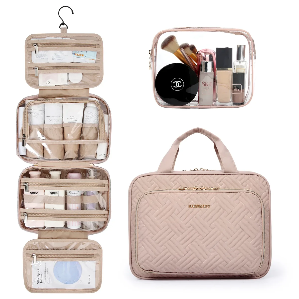 trousse toilette pvc turquoise géométrique bandes dorées poignée amovible compartiments zips voyage cosmétiques maquillage