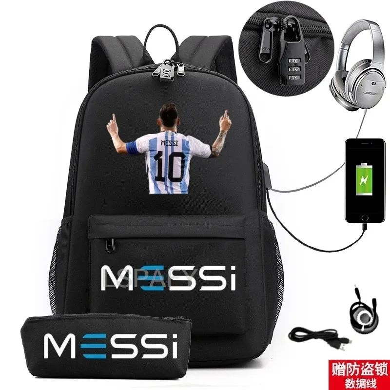 sac à dos messi tendance (lot de 2) – anti-vol, unisexe, simple, pour ordinateur portable, avec port usb, grande capacité, idéal pour les voyages, l'école, les garçons et les filles