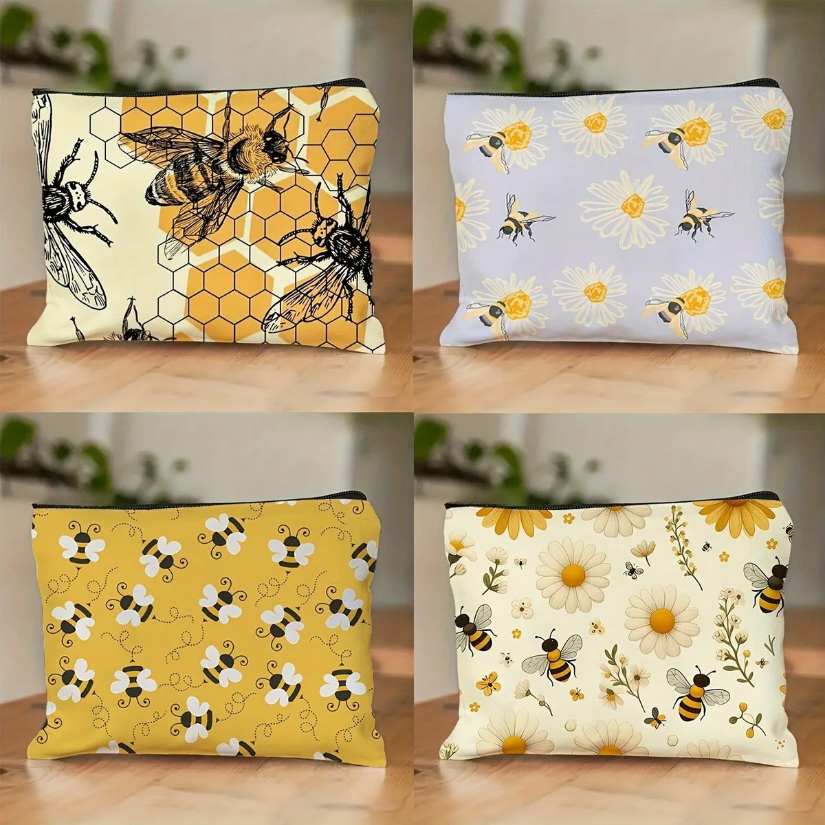 trousse de maquillage à motif d'abeille, 1 pièce, jolie pochette à cosmétiques avec fermeture éclair, design beige et floral, cadeau parfait pour les femmes, anniversaire