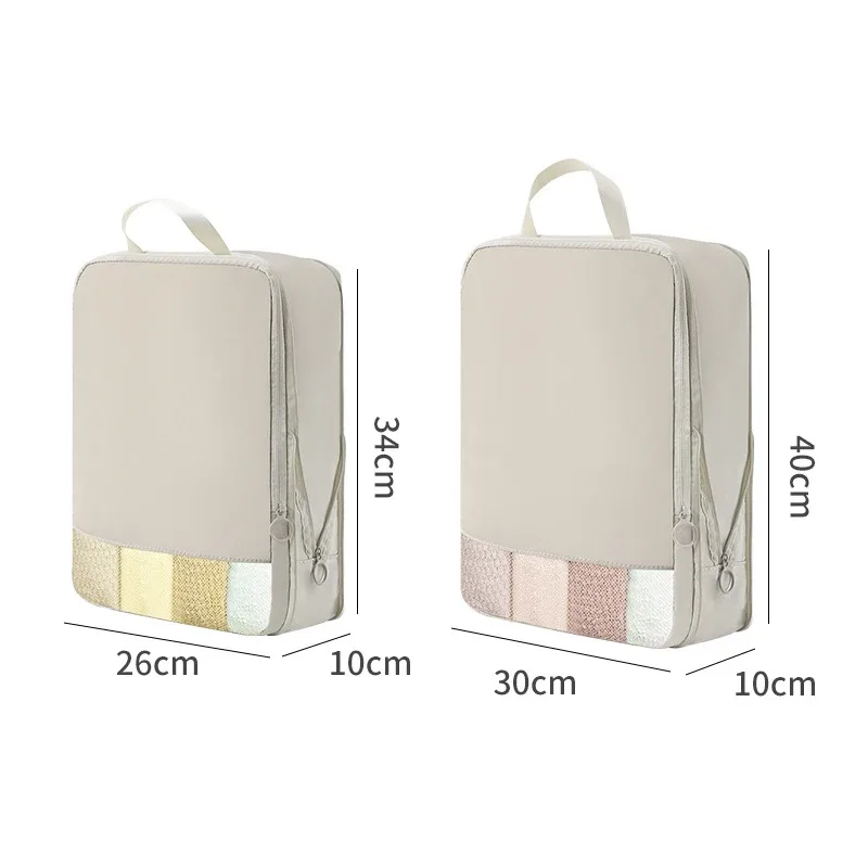 organisateur voyage polyester beige bandes verticales poignées latérales compresseur sac chaussures pochette rangement housse vêtements kaki rose