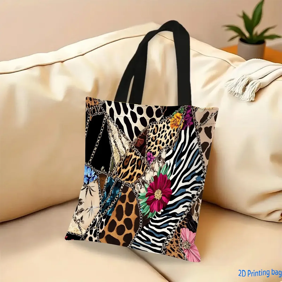 sac fourre-tout grande capacité durable avec chaîne dorée, imprimé léopard et zèbre, idéal pour les voyages, le shopping quotidien et les sorties printanières