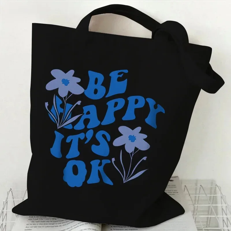 sac fourre-tout en toile à motif floral, sac de shopping réutilisable avec citation inspirante imprimée, sac à main écologique pour étudiantes, sac à bandoulière pour femmes