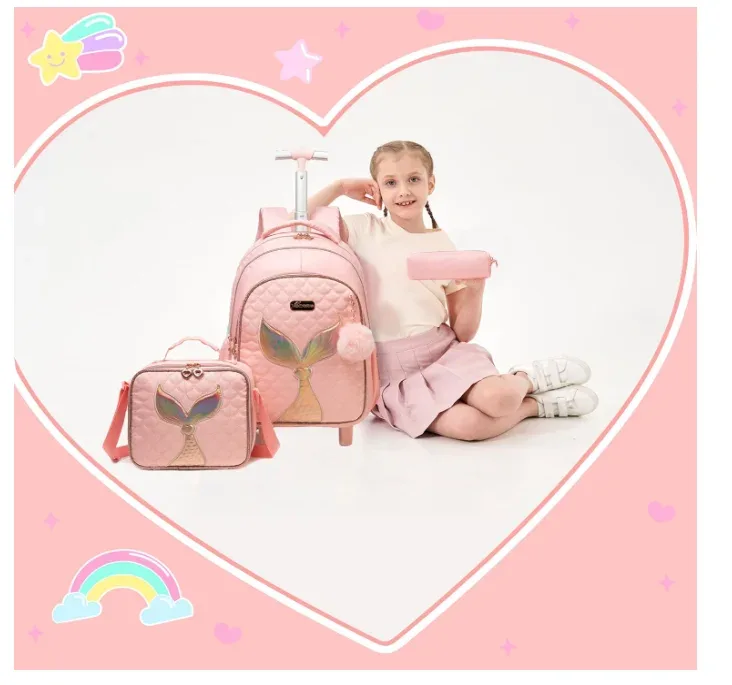 valise sac dos rose queue sirène motif multicolore poignée roue transport enfant déplacement école lunch stylos femmes