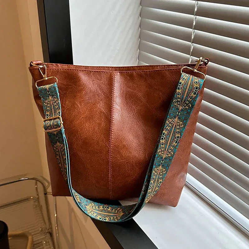 sac à bandoulière en cuir pu pour femmes, vintage, couleur unie, mode, grande capacité, simple, réglable, large sangle, sacs seau